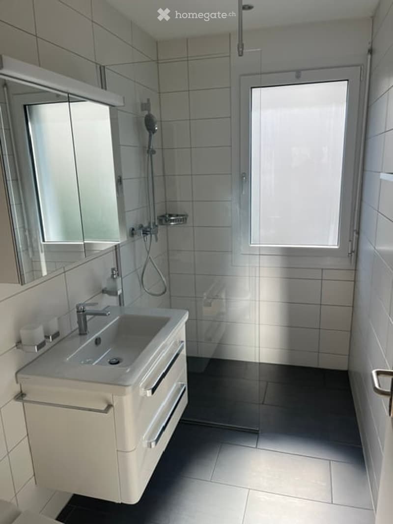 Modern bathroom with white tiles, a white sink with a mirror, a shower area with a glass door, and a window for natural light.