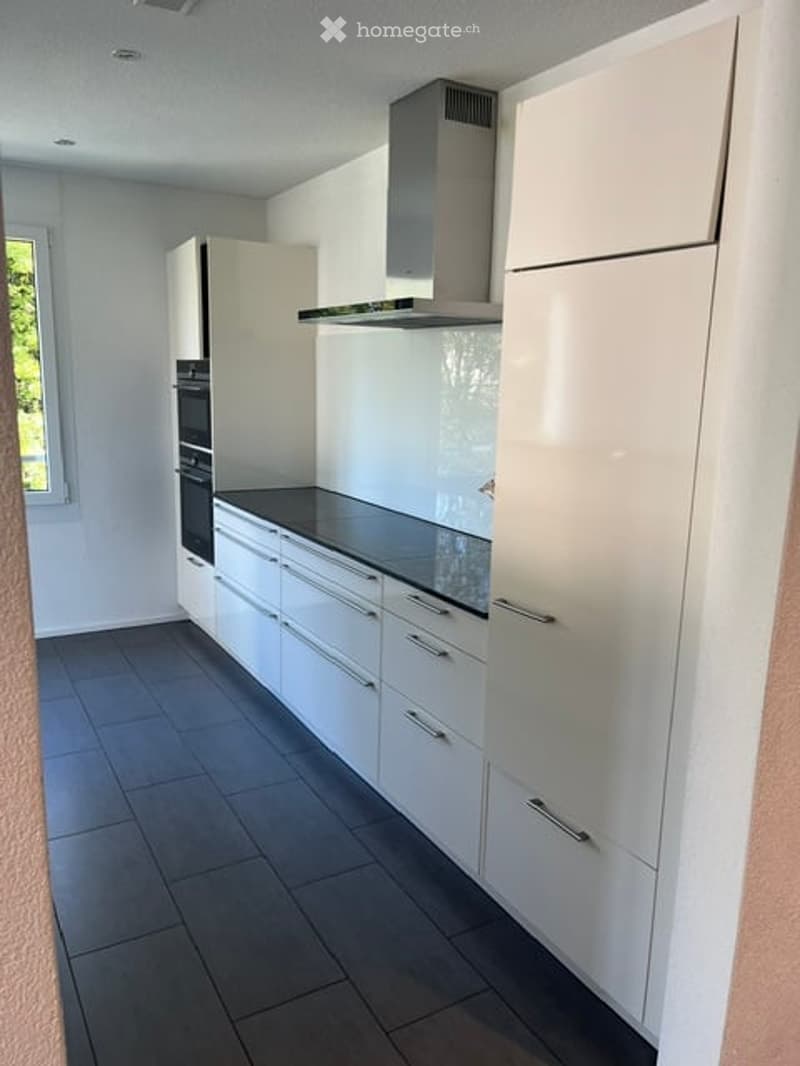 Modern kitchen with white cabinets, stainless steel appliances, and a dark countertop.