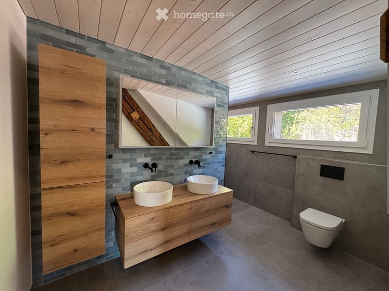 Modern bathroom with wooden vanity, two sinks, a toilet, and a large mirror. The walls are tiled in grey, and there are windows providing natural light.