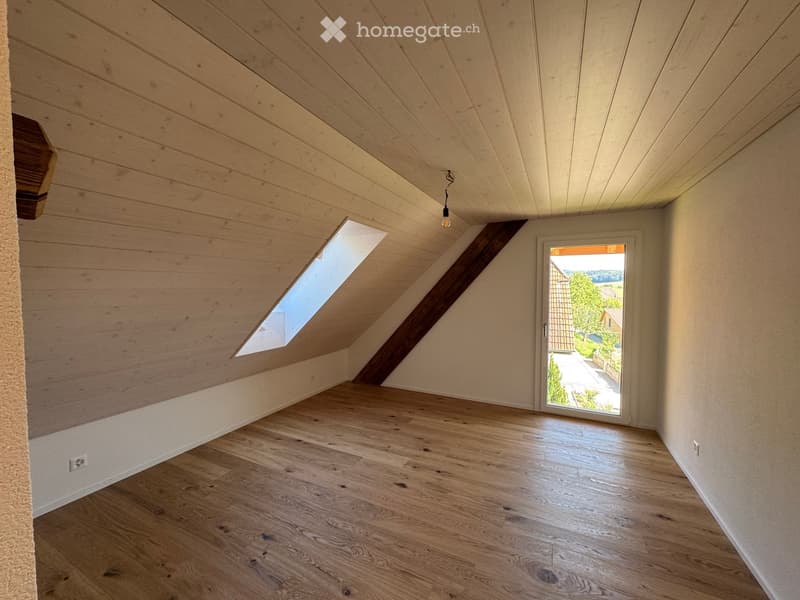 Empty attic room with wooden floor, slanted wooden ceiling, skylight window, and sliding glass door leading outside.
