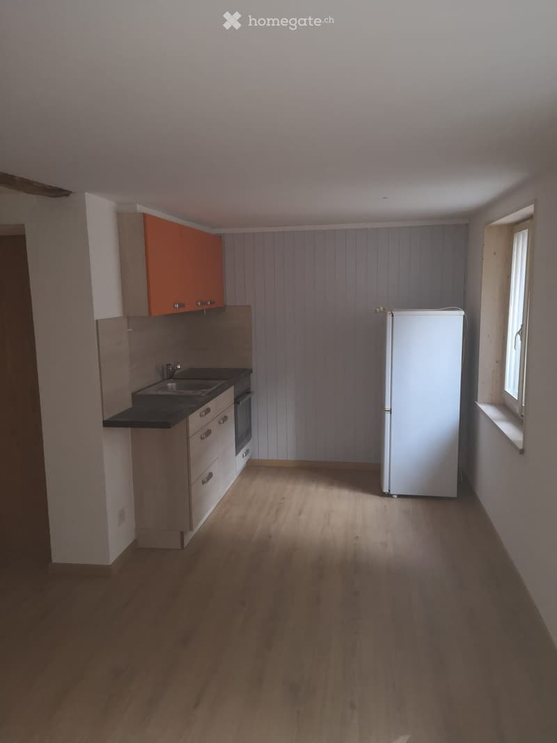 Empty kitchen with wooden flooring, white refrigerator, sink, oven, and cabinets.