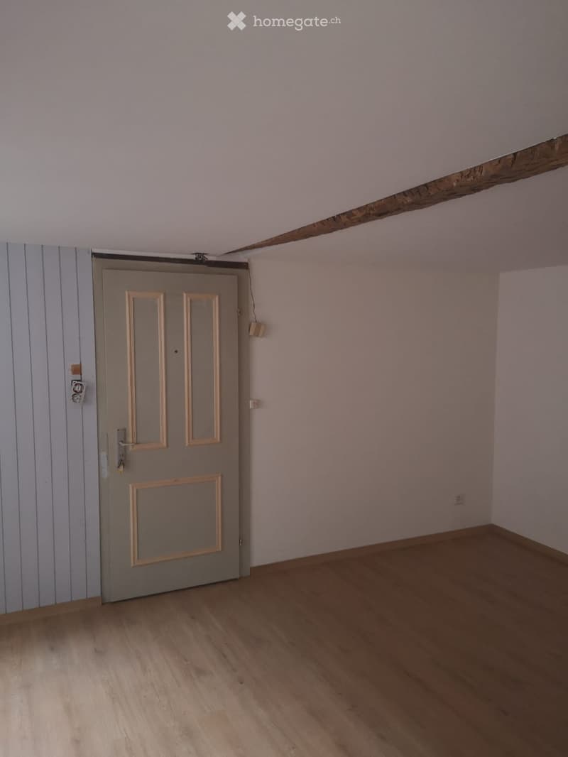 Empty room with wooden flooring, light-colored walls, and a single door with glass panels.
