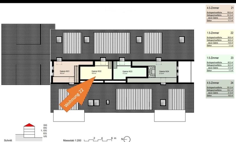 Floor plan showing multiple apartments with labeled rooms and areas, including galleries and balconies.