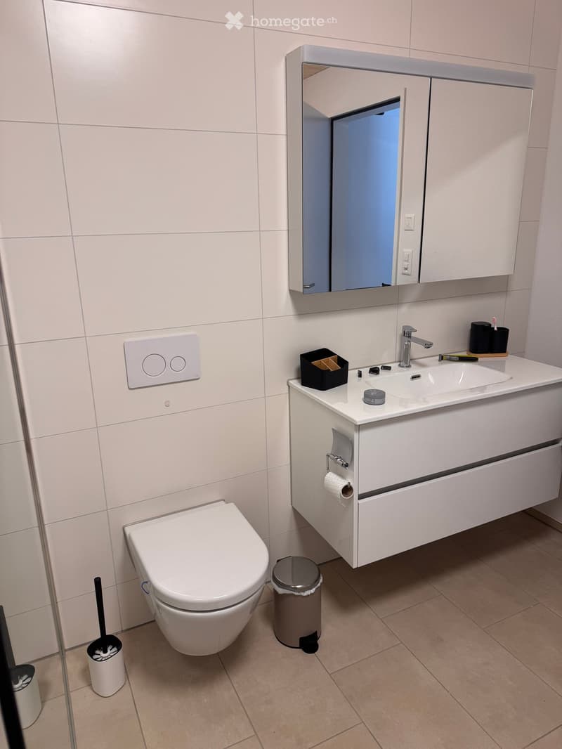 Modern bathroom with white tiles, a toilet, a sink with a mirror cabinet, and a trash bin. The sink has a faucet and a toothbrush holder on the counter.