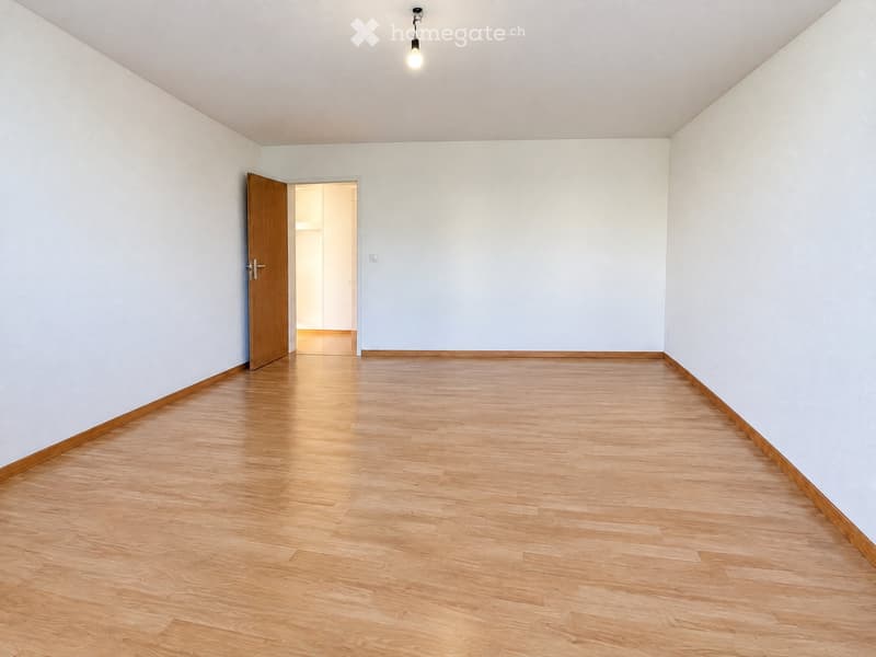 Empty room with light wooden flooring and white walls, featuring a single wooden door leading to another space.