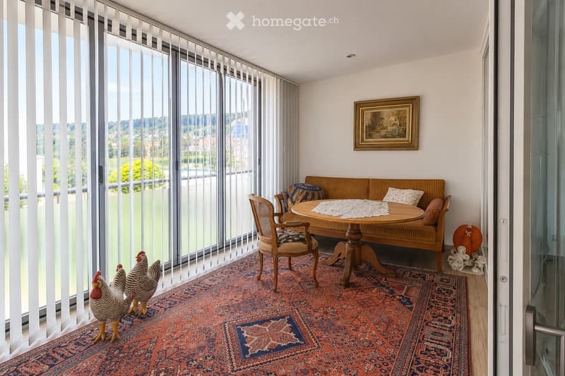 Bright living room with large windows, a patterned rug, a sofa, a round wooden table, a decorative chair, and two rooster figurines.