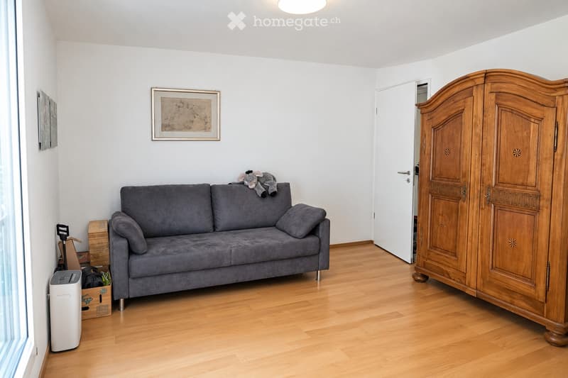 Living room with a grey sofa, wooden wardrobe, picture frame, and toys on the sofa. The room has wooden flooring and white walls.
