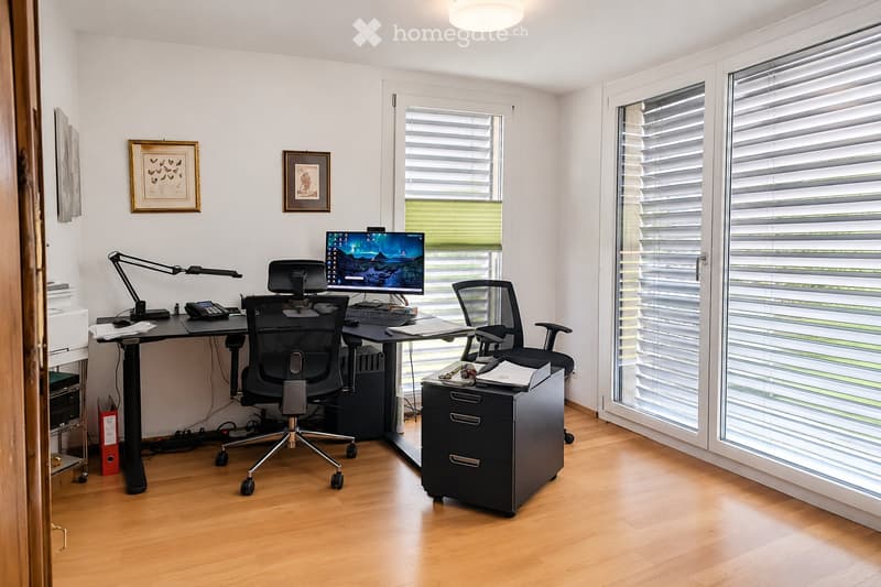 Modern office space with wooden flooring, large windows with blinds, a desk with a computer, two office chairs, a filing cabinet, and framed artwork on the walls.