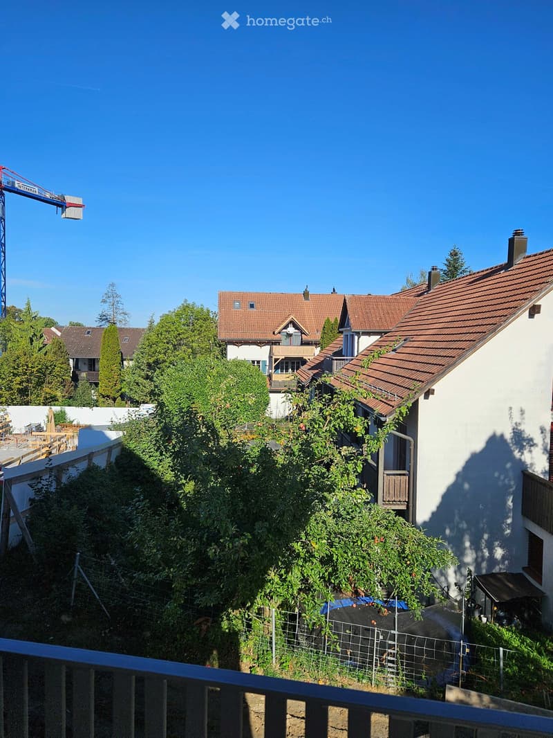 View of a residential area with multiple houses, lush greenery, and a construction crane in the background.