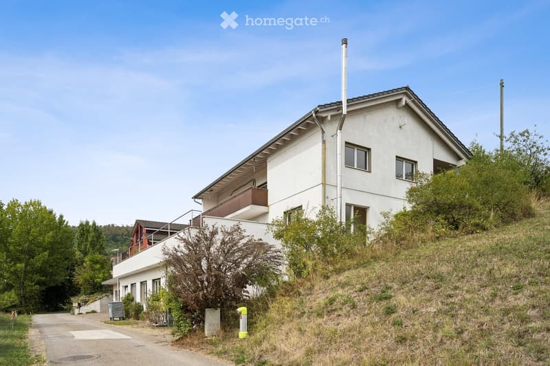 A two-story white house with a sloped roof, multiple windows, and a small balcony on the upper level. The house is situated on a hillside with surrounding greenery and a paved driveway leading to the entrance.