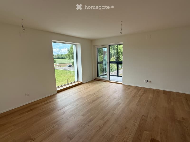 Empty room with light wooden flooring and large windows, one of which opens to a balcony or terrace area.