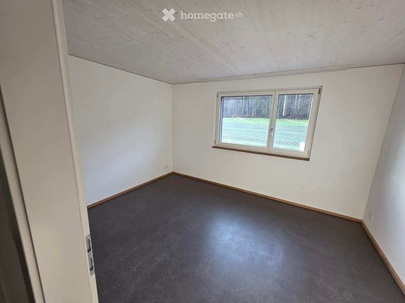 Unfurnished Room. Empty room with white walls, grey carpeted floor, and a single window with a view of a grassy area.