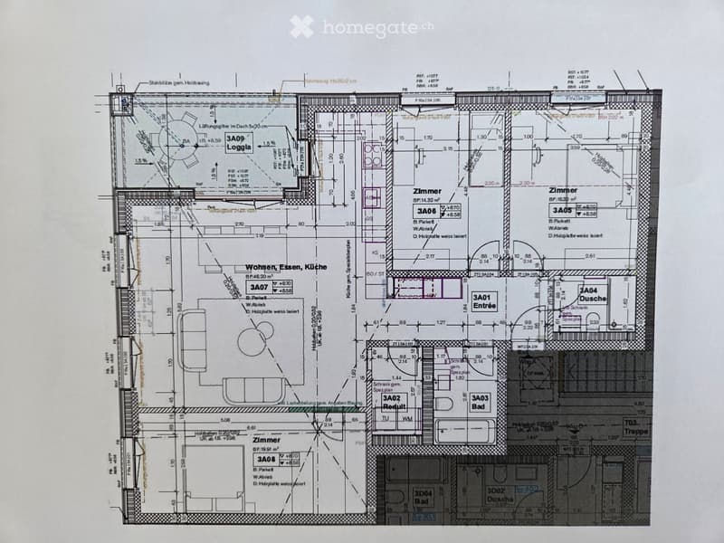Floor plan of a residential unit with labeled rooms including living, dining, kitchen, bedrooms, bathrooms, and entrance.