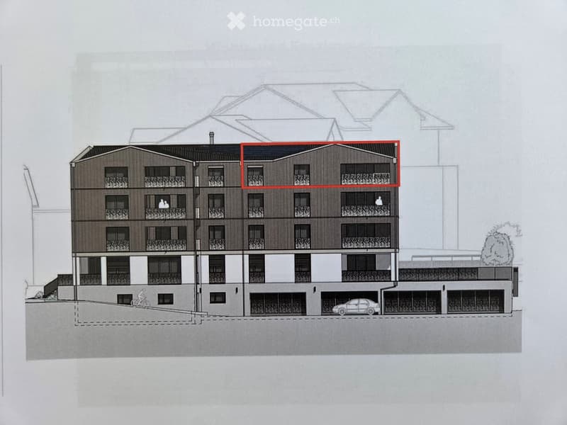 A multi-story residential building with balconies, a raised ground floor, and a garage area at the base.