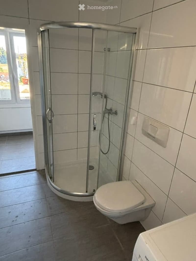 Modern bathroom with a white toilet, a glass-enclosed shower stall, and tiled walls and floor. A window provides natural light.