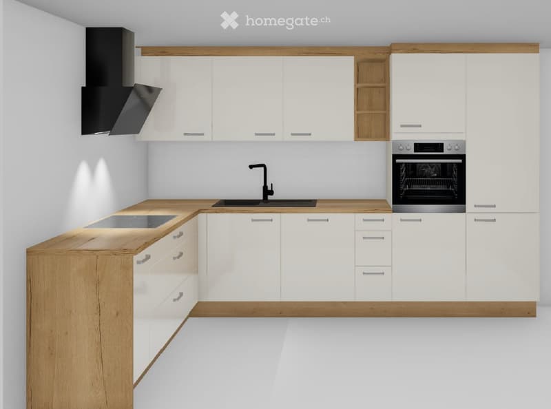Modern kitchen with white cabinets, wooden countertops, stainless steel appliances, and a black range hood.