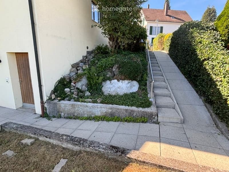 Garden area with raised ground floor, stone steps, small landscaped section with rocks and plants, concrete pathway leading to house entrance.