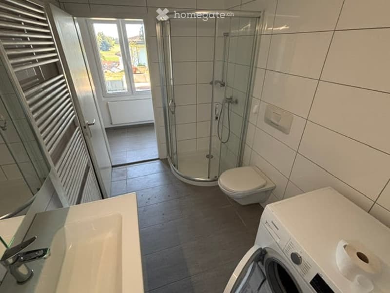 Modern bathroom with a glass-enclosed shower, toilet, sink, and washing machine. Large window offers a view of the outdoors.
