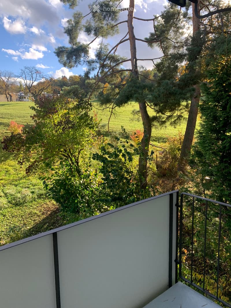 A modern balcony with a white railing and metal balustrade overlooking a lush, green garden area with trees and shrubs.