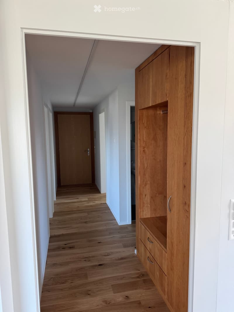 A clean, well-lit hallway with light wooden flooring and white walls. A wooden closet with shelves and drawers is visible on the right side, and a closed wooden door is at the end of the hallway.