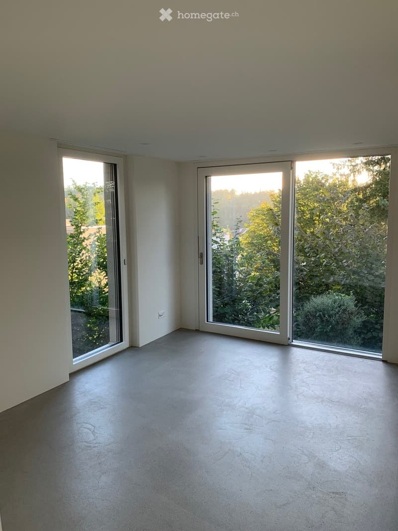 Empty room with large glass sliding doors, light-colored walls, and a smooth concrete floor.