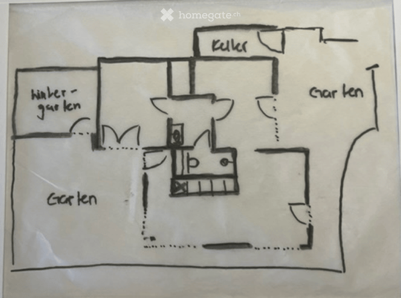 Floor plan of a house with labeled rooms: kitchen, living room, bedroom, and garden.