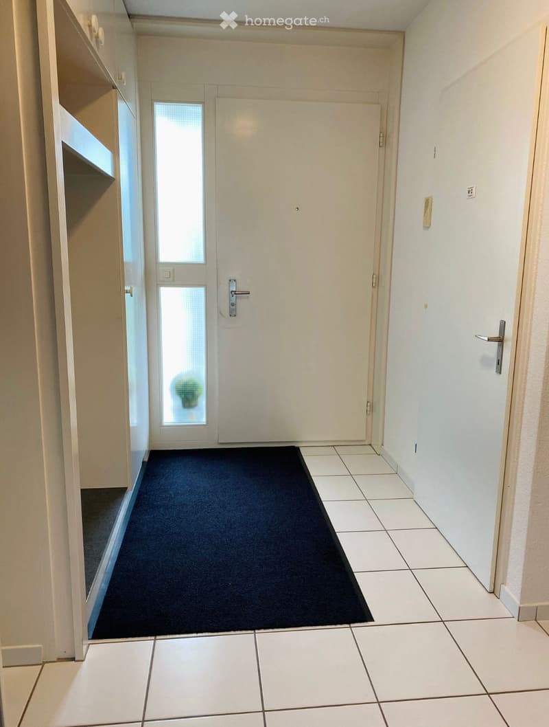 Clean hallway with tiled flooring, a black doormat, and a white door with a glass panel leading outside.