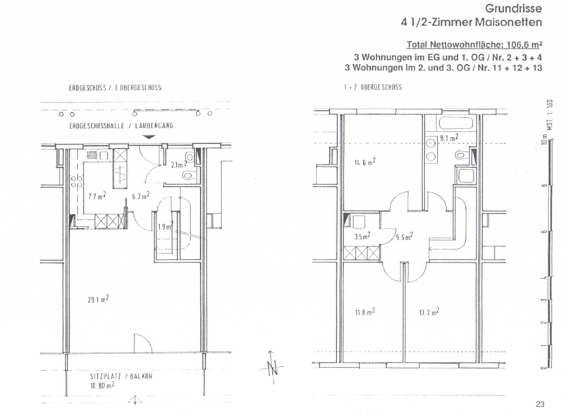 Floor plan of a 4.5-room maisonette with total net living area of 106.6 m². Includes three apartments on the ground and first floors, and three apartments on the second and third floors. Layout includes living spaces, bedrooms, and a balcony.