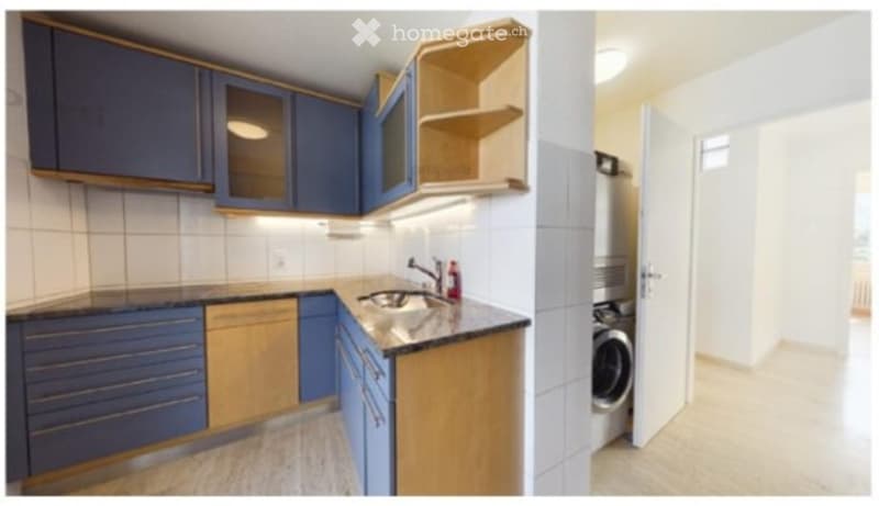 Modern kitchen with blue cabinets, wooden shelves, and a dishwasher. Adjacent unfurnished room with a washing machine visible.
