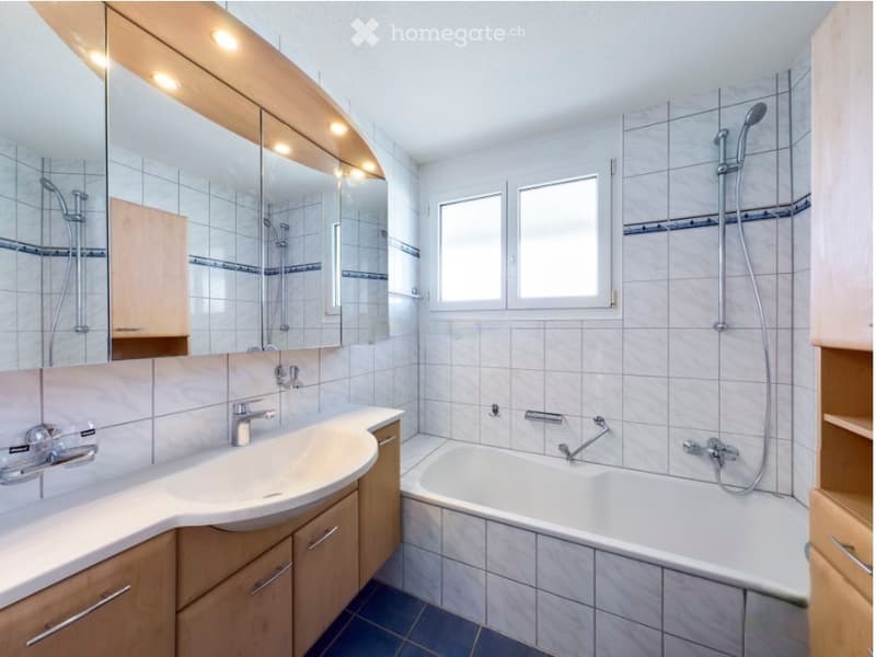 Modern bathroom with a white sink, wooden cabinets, a bathtub, and a large mirror with integrated lighting. The walls are tiled, and there are two windows providing natural light.