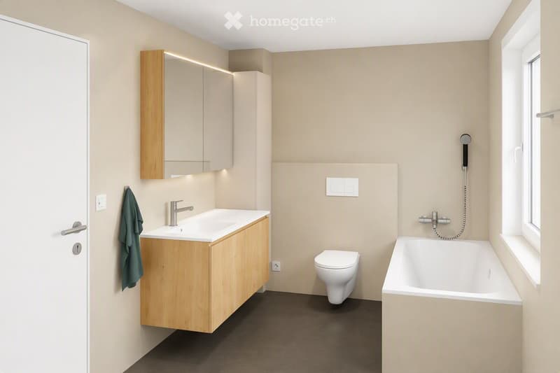 Modern bathroom with a white sink, wooden cabinet, mirror, toilet, bathtub, and showerhead. Features a large window and a neatly hung towel.