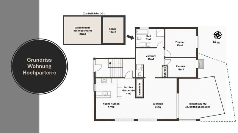 Floor plan of a high-parterred apartment with living room, kitchen, two bedrooms, bathroom, hallway, entrance, and terrace.