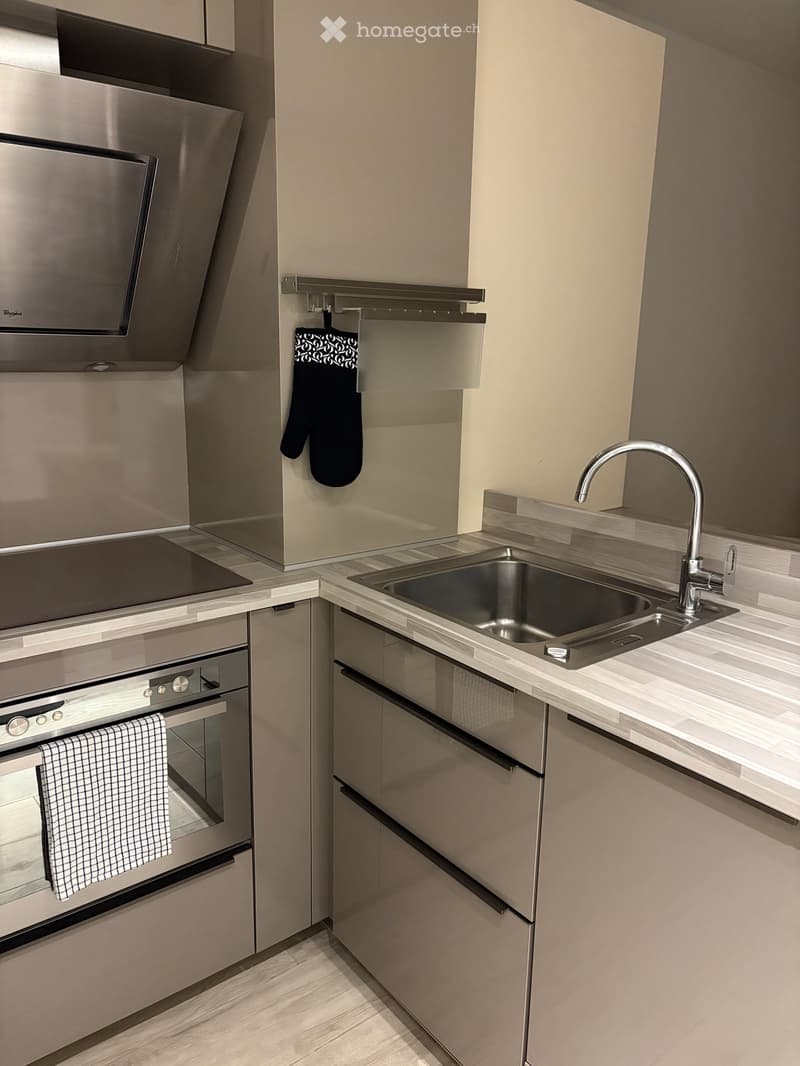 Modern kitchen with stainless steel oven, sink, and faucet, light-colored cabinets, and a hanging oven mitt.