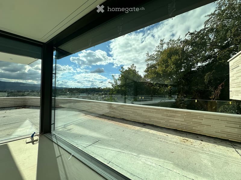 Modern balcony with large glass windows, concrete floor, and a view of trees and mountains.