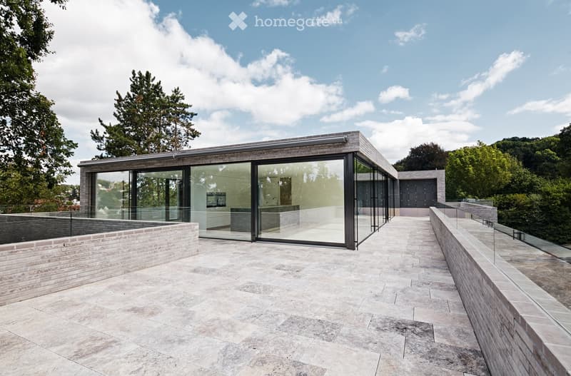 modern house, glass walls, open terrace, raised ground floor, brick walls