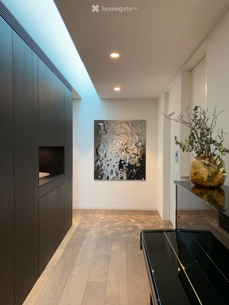 dark wooden cabinets, wood floors, glass modern art piece, black piano, plant on counter