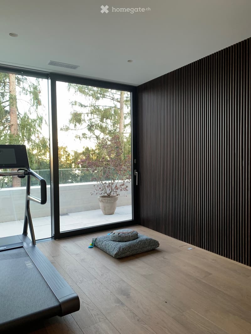 glass door, treadmill, cushioned yoga mat, sliding glass door, outdoor potted plant, wooden wall paneling, wooden floor