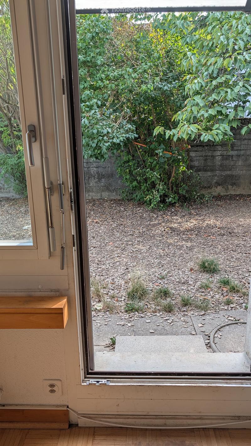 Balcony with gravel ground, small plants, and a concrete step leading out from the interior.
