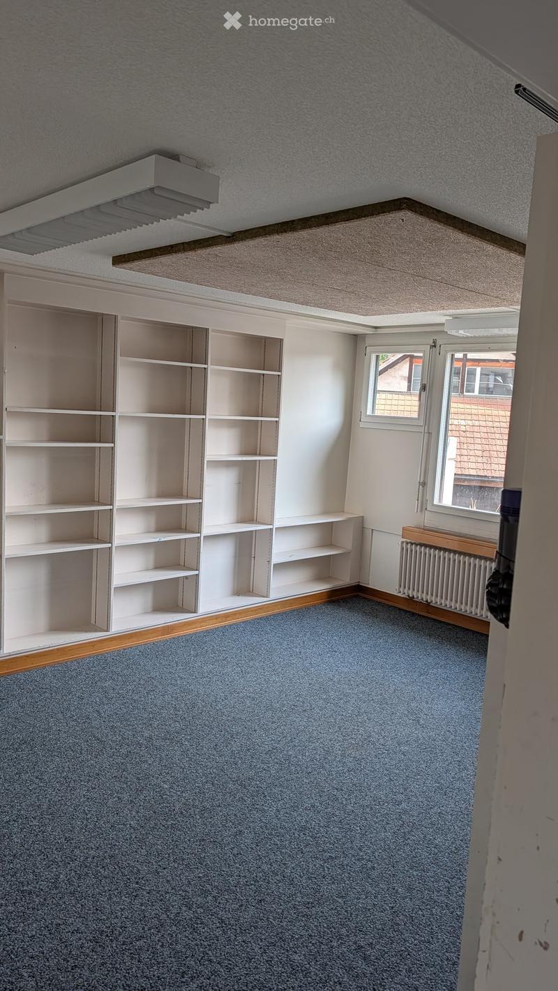 Empty room with blue carpet, white built-in shelving unit, window with view, radiator, and exposed wooden baseboard trim.
