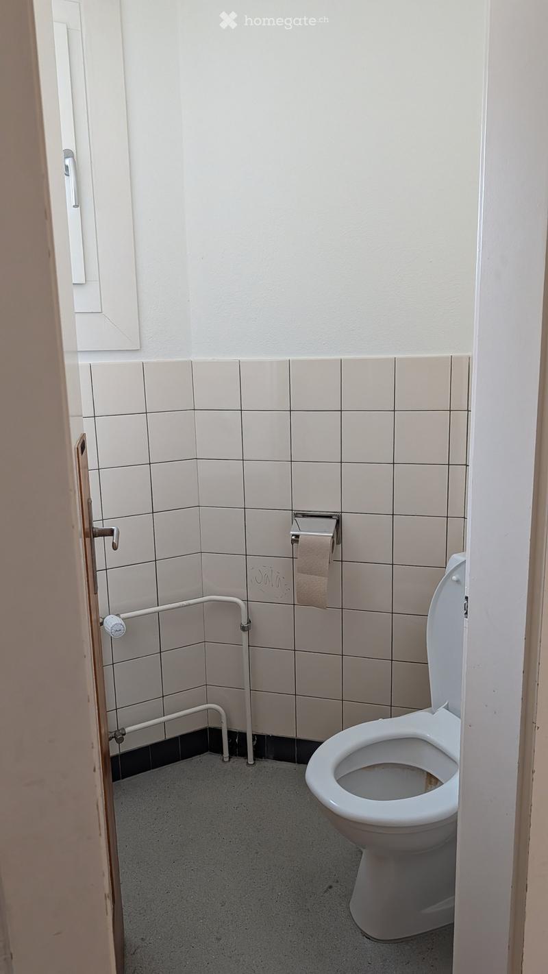 Small bathroom with white tiled walls, a toilet, a toilet paper holder, and a grab bar for support.
