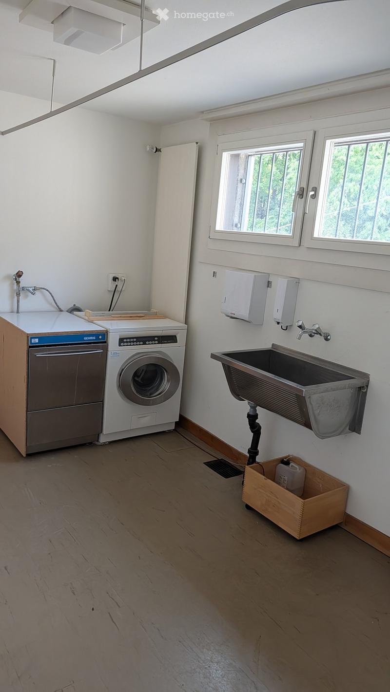 Modern bathroom with wooden flooring, white walls, and large windows. Includes a washing machine, dishwasher, sink, and hand dryer.