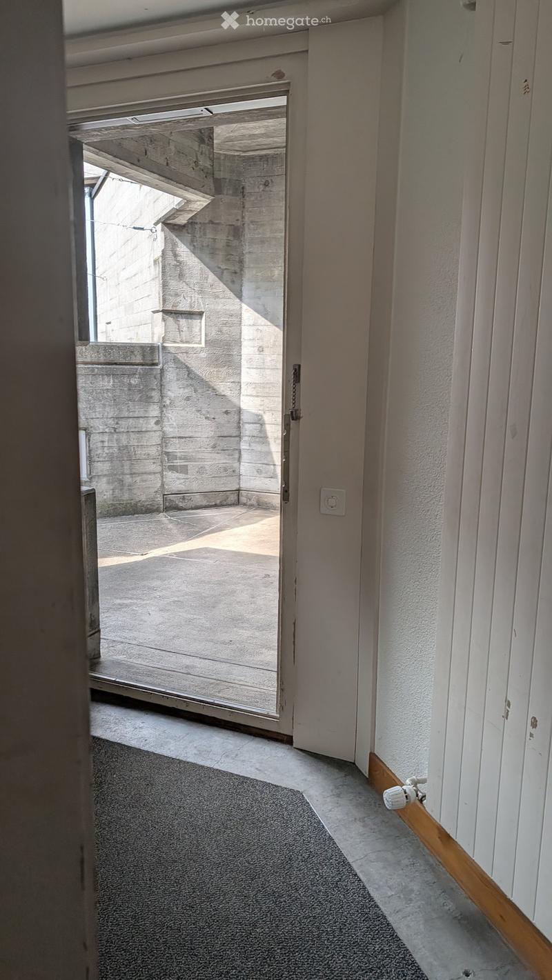 Hallway with carpeted floor, white walls, and an open door leading to a concrete outdoor area.