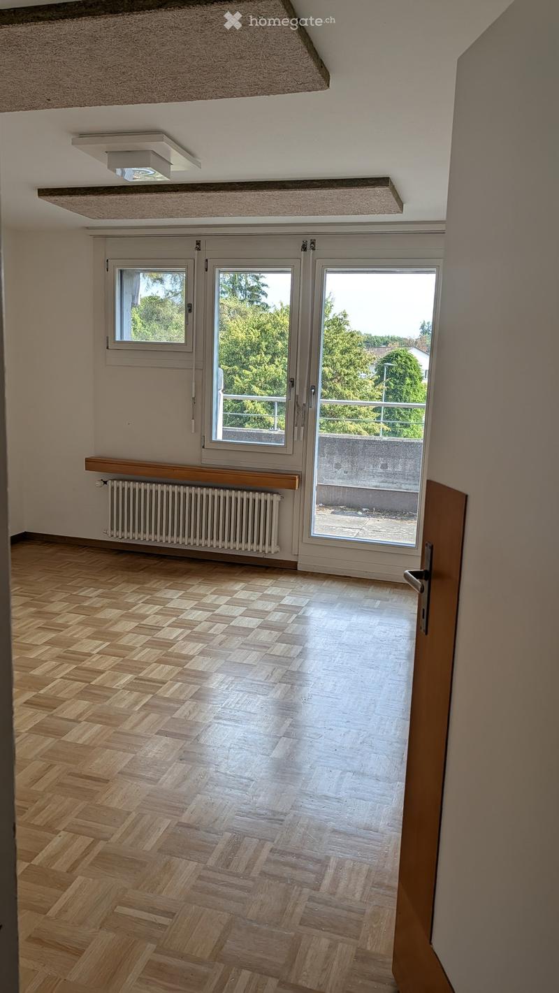 Empty room with wooden herringbone flooring, white walls, large windows with sliding doors leading to a balcony, radiator, and visible ceiling beams.