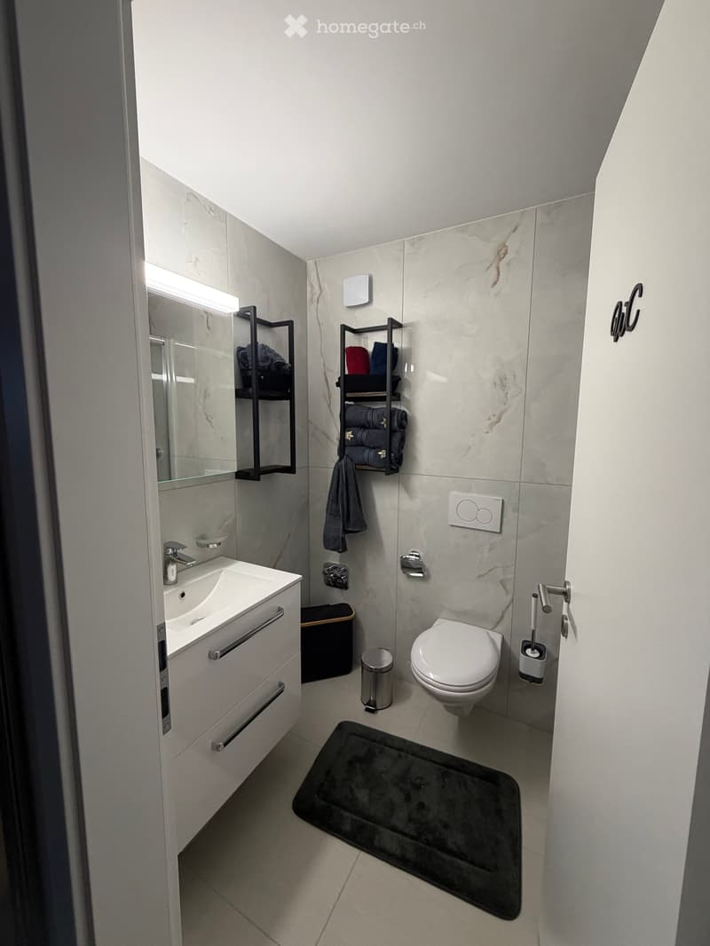 Bathroom. Modern bathroom with white sink, toilet, mirror, towel rack, and towels. Features marble walls and a black bath mat.