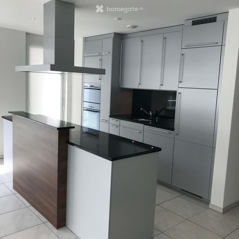 Modern kitchen with grey cabinets, black countertop, and built-in appliances including an oven and sink.