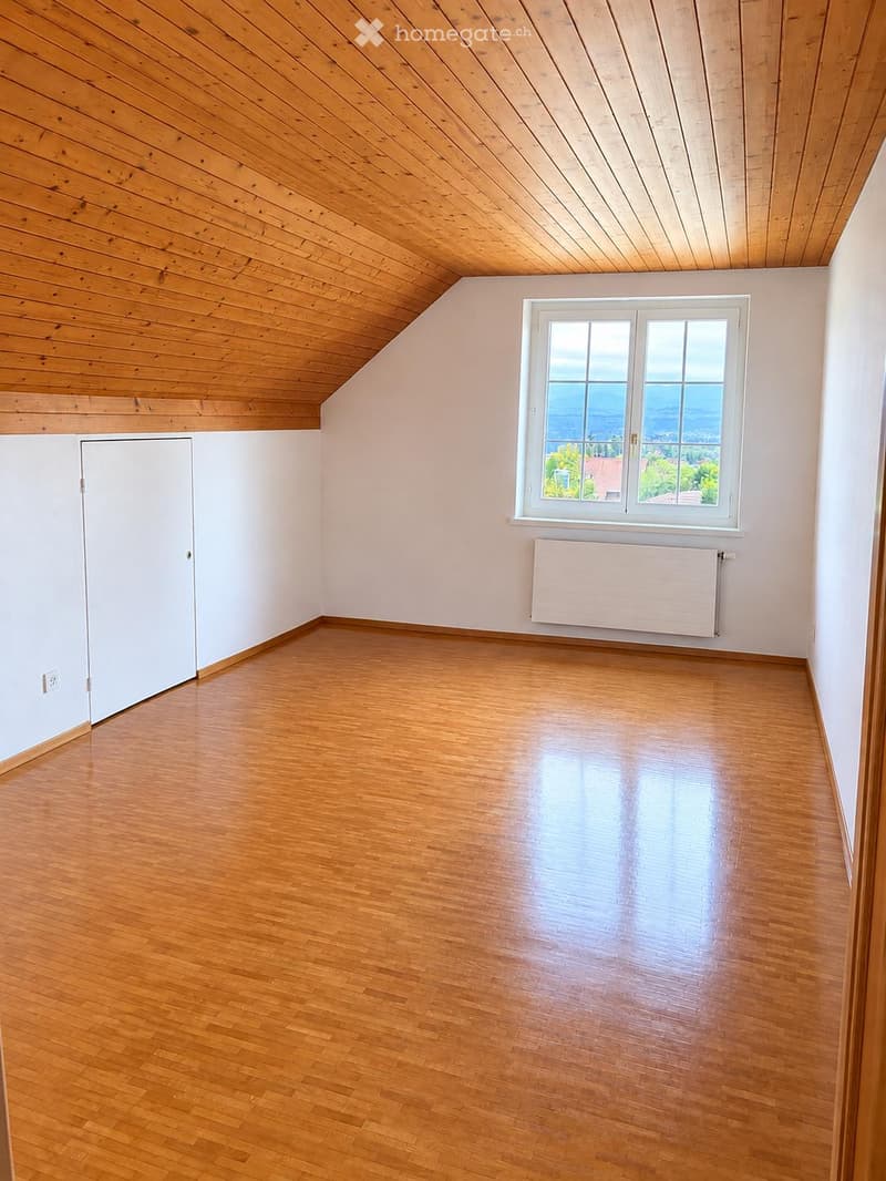 Empty room with wooden flooring, white walls, and a large window offering a scenic view. Features a built-in closet and a radiator under the window.