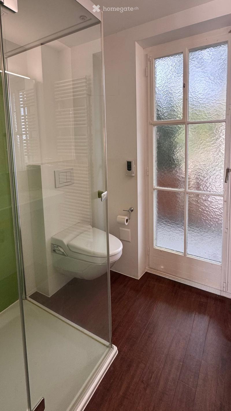 Modern bathroom with a toilet, glass-enclosed shower, and frosted windows. Wooden flooring and white walls.