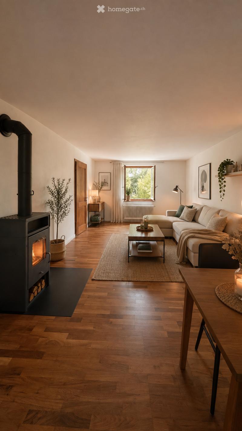 Modern living room with wooden flooring, a fireplace, a sectional sofa, coffee table, and decorative plants.