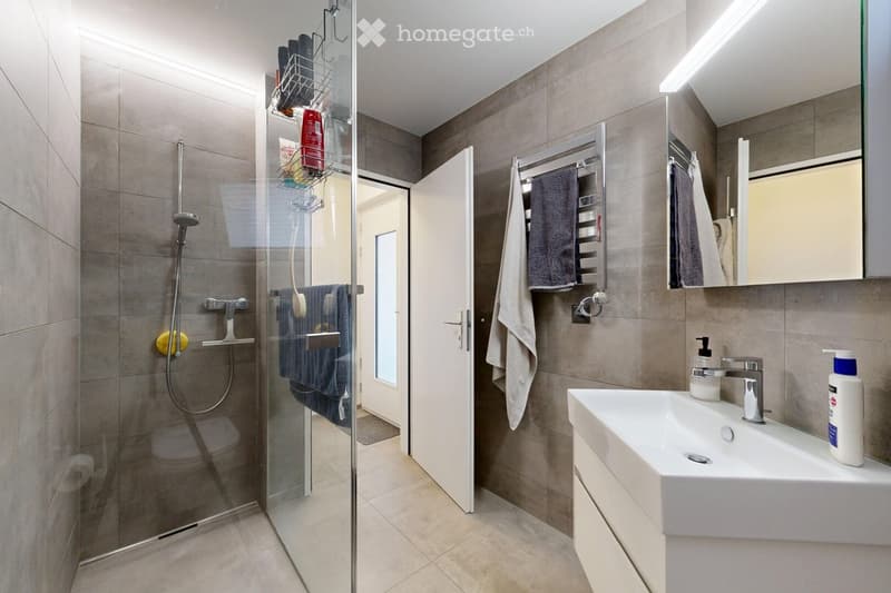 Modern bathroom with a white sink, chrome faucet, mirror, towel rack, and a glass-enclosed shower with a handheld showerhead. The walls are tiled in neutral tones, and the floor is tiled in light beige.