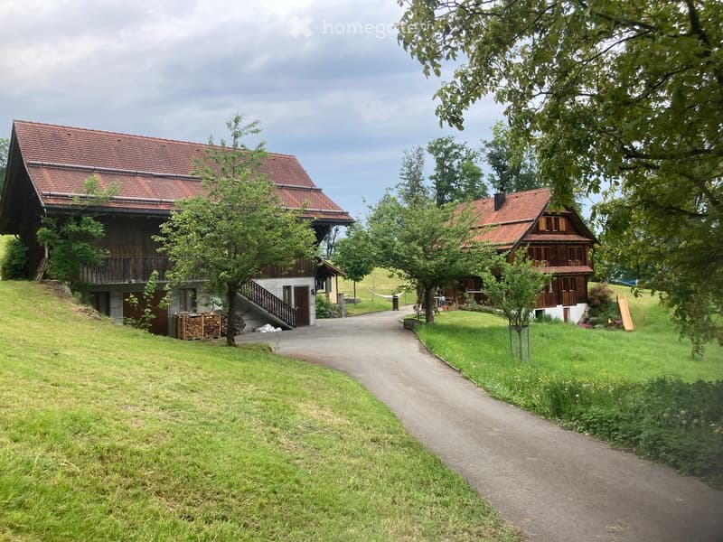 Two-story wooden houses with red-tiled roofs, surrounded by green lawns and trees. A paved pathway connects the houses.